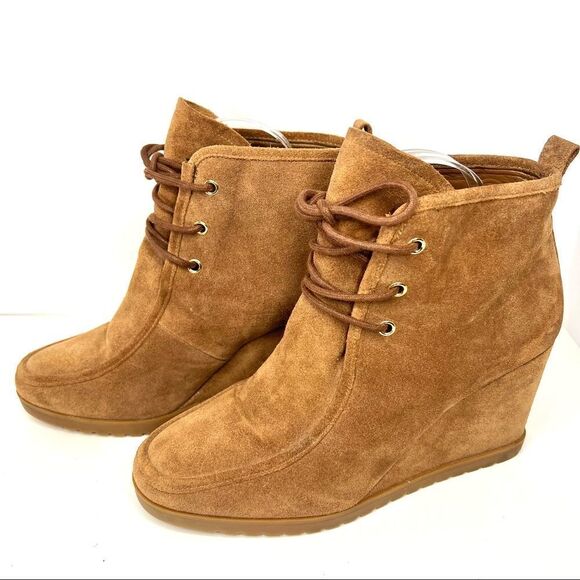 Michael Kors Tamara Lace Up Brown Suede Wedge Booties 9 - Picture 3 of 9